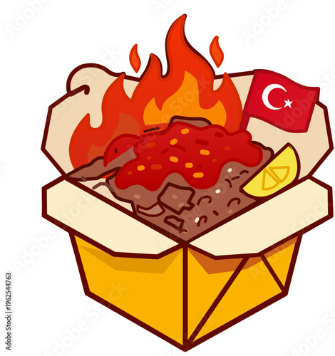 Spicy Doner Kebab Box with Fire and Turkish Flag. Vector illustration of a flaming hot doner kebab box with meat, spicy red sauce, lemon, and a Turkish flag. Conceptual spicy fast food art.