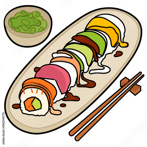 Rainbow Sushi Roll with Avocado Salmon and Eel Sauce. Vibrant vector illustration of a long rainbow sushi roll topped with avocado and salmon, drizzled with unagi eel sauce, served with chopsticks