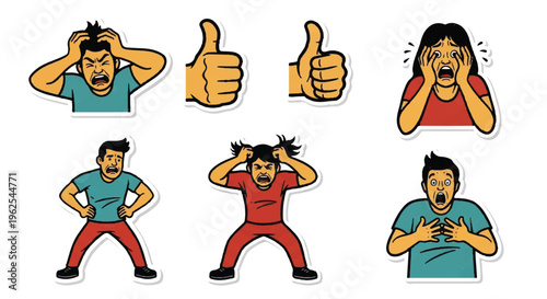 Illustrated emotional reactions anger fear approval and surprise