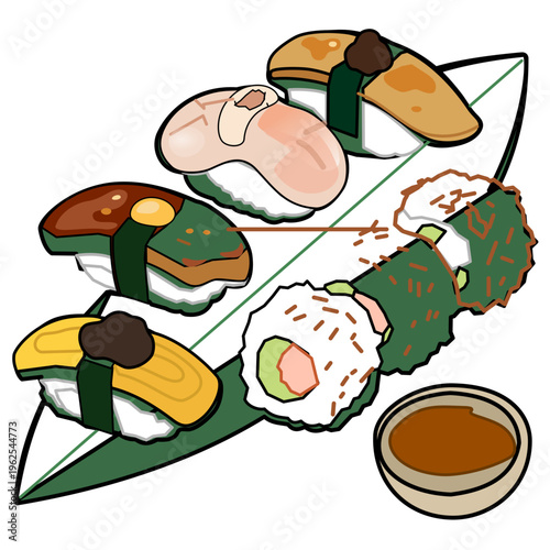 Premium Fusion Sushi Platter with Truffle and Foie Gras. Elegant vector illustration of a diverse sushi set including nigiri with truffle oil, foie gras, and california rolls on a green leaf.