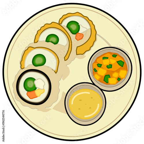 empura Sushi Rolls Set with Dipping Sauces. Vector flat illustration of crispy tempura sushi rolls served on a plate with two types of dipping sauces, featuring asparagus and carrot filling.