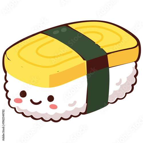 Adorable Tamago Nigiri Sushi Character Vector Illustration. A cute tamago (egg omelet) nigiri sushi character with a sweet smiling face, wrapped in nori, depicted in a vibrant kawaii style.