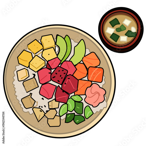 Healthy Poke Bowl with Tofu Salmon and Avocado and Miso Soup. Vector illustration of a nutritious poke bowl containing tofu cubes, salmon, avocado slices, edamame, and rice, accompanied by a bowl o