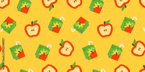 Seamless groovy pattern with apples and juice cartons on bright yellow background. Retro repeating fruit texture with bold shapes, perfect for fabric, wrapping paper, stationery, packaging and prints.