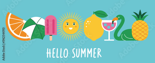 Hello summer with orange slice beach umbrella pink popsicle smiling sun lemon cocktail glass green flamingo float and pineapple on a light blue background