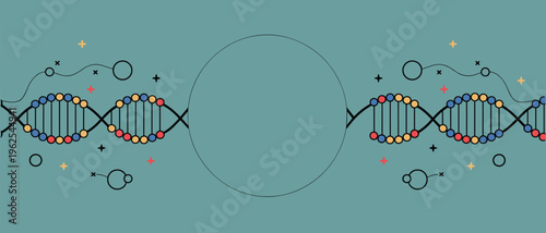 D n a double helix strand with a central circular copy space on a muted teal background genetics biology