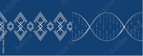 Geometric diamond patterns and a white d n a double helix structure on a solid dark blue background biology