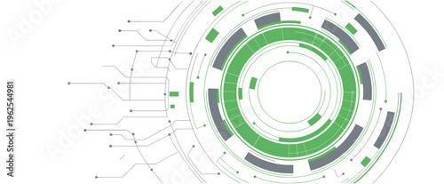 Abstract digital background with green and grey concentric circles and interconnected circuit board lines extending from the right side on a white backdrop