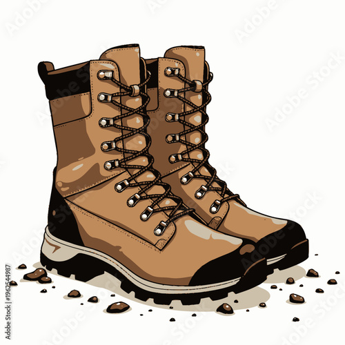 Durable Brown Leather Hiking Boots with Thick Soles and Rugged Laces on a Gravel Surface for Outdoor Adventures