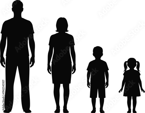 Family silhouettes, parents and children, generational figures, family unit, standing posture, human silhouettes, family concept, lifestyle illustration, art reference, design element