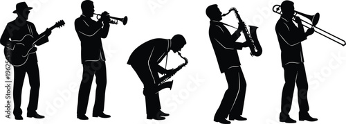 Musician silhouettes, jazz band, blues ensemble, guitar player, trumpet performer, saxophone musician, trombone artist, live music, concert illustration, performance art