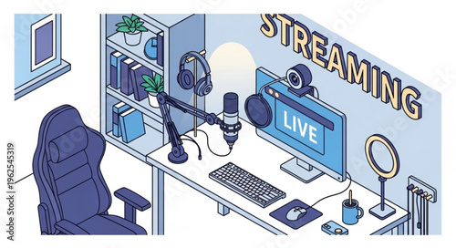 Streaming Setup Illustration - Desk with Microphone, Computer, and Accessories.