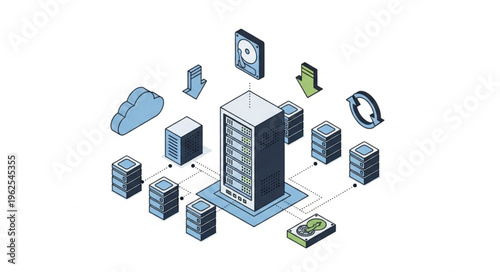 Isometric Server Room Illustration with Cloud and Data Storage.