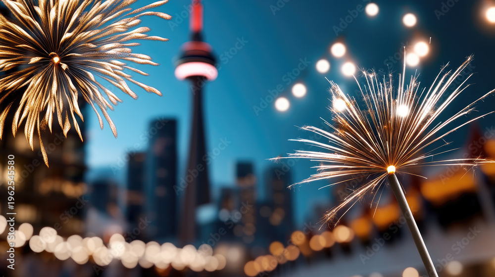 Fototapeta premium Canada Day Canada Day celebrations lighting up the Toronto skyline with dazzling fireworks and a glowing sparkler against the iconic CN Tower