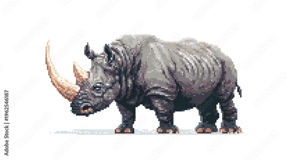 Fototapeta premium Pixel art illustration of a powerful rhinoceros with long horn.