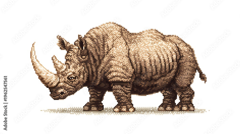 Fototapeta premium Pixel art illustration of a powerful rhinoceros with long horn.