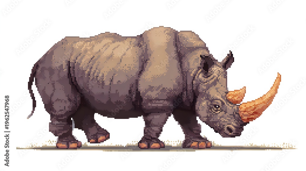 Fototapeta premium Pixel art illustration of a powerful rhinoceros with long horn.