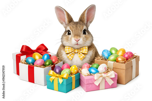 Easter bunny with colorful eggs and gift boxes, holiday celebration