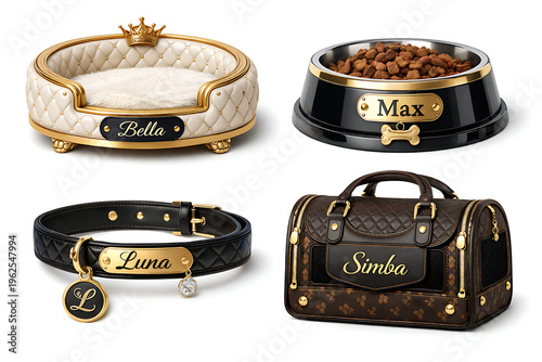 Luxury pet accessories set. Featuring personalized dog bed, food bowl, collar, and pet carrier.