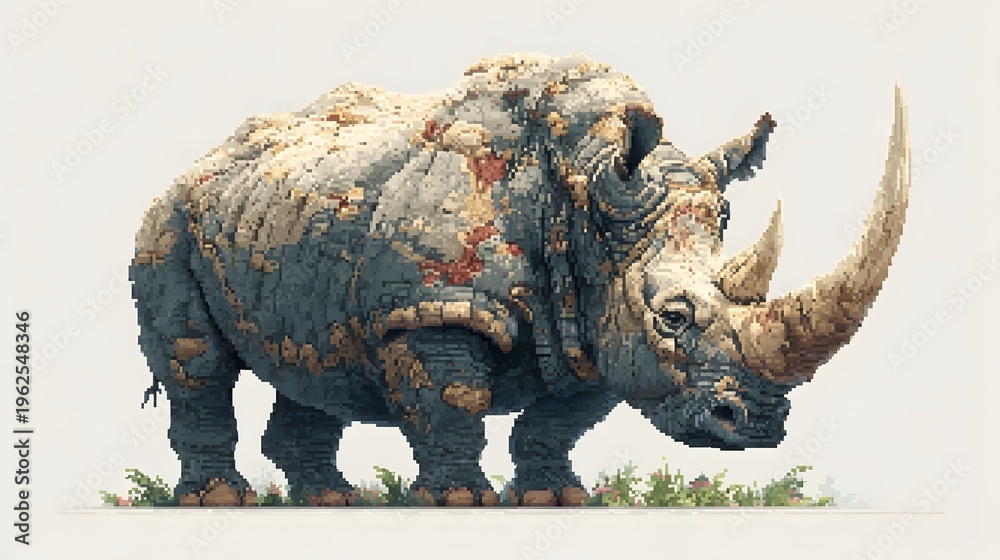 Fototapeta premium Pixel art illustration of a powerful rhinoceros with long horn.