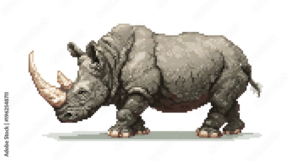 Fototapeta premium Pixel art illustration of a powerful rhinoceros with long horn.