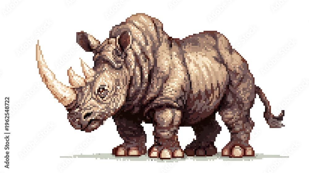 Fototapeta premium Pixel art illustration of a powerful rhinoceros with long horn.
