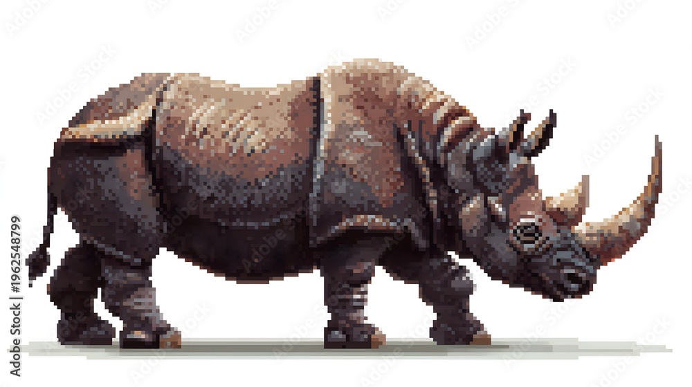 Fototapeta premium Pixel art illustration of a powerful rhinoceros with long horn.