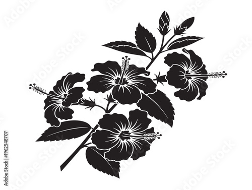Lush tropical hibiscus branch silhouette with eye catching botanical line art