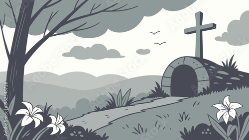 An illustration depicts the solemnity of holy saturday showcasing a grieving jesus within a tomb symbolizing reflection and awaiting resurrection high-quality professional detailed modern elegant