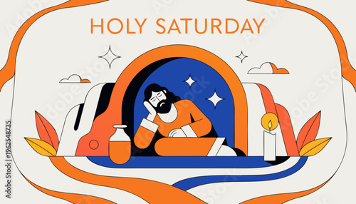 An illustration depicts the solemnity of holy saturday showcasing a grieving jesus within a tomb symbolizing reflection and awaiting resurrection high-quality professional detailed modern elegant