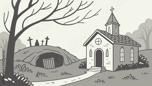 An illustration depicts the solemnity of holy saturday showcasing a grieving jesus within a tomb symbolizing reflection and awaiting resurrection high-quality professional detailed modern elegant