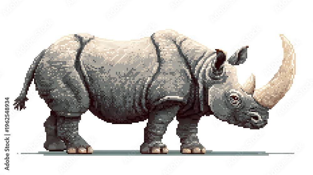 Fototapeta premium Pixel art illustration of a powerful rhinoceros with long horn.