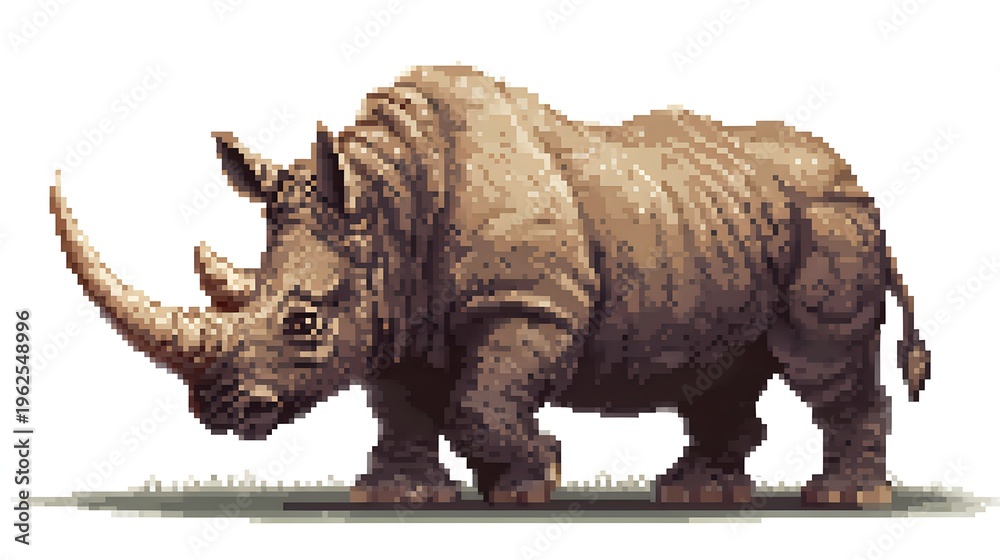 Fototapeta premium Pixel art illustration of a powerful rhinoceros with long horn.