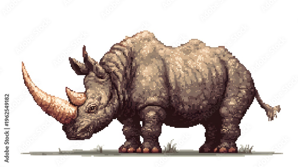 Fototapeta premium Pixel art illustration of a powerful rhinoceros with long horn.