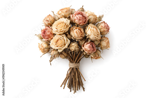 Dried rose bouquet with beige and pink petals, tied with twine on white background