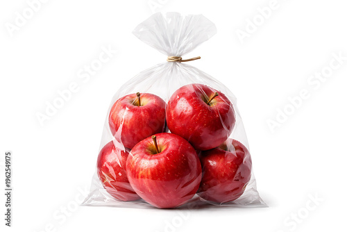 Fresh red apples in a clear plastic bag isolated on white background