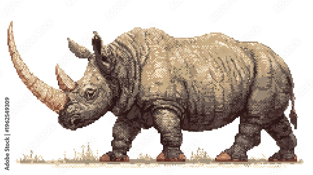 Fototapeta premium Pixel art illustration of a powerful rhinoceros with long horn.