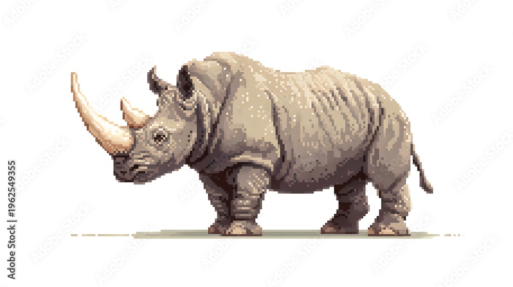 Fototapeta premium Pixel art illustration of a powerful rhinoceros with long horn.