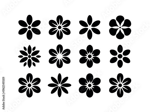 A collection of black and white flower icons on a plain background