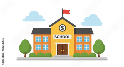 Illustration of a Two-Story School Building with Flag and Landscaping.