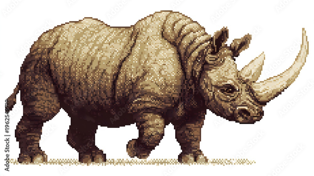 Fototapeta premium Pixel art illustration of a powerful rhinoceros with long horn.