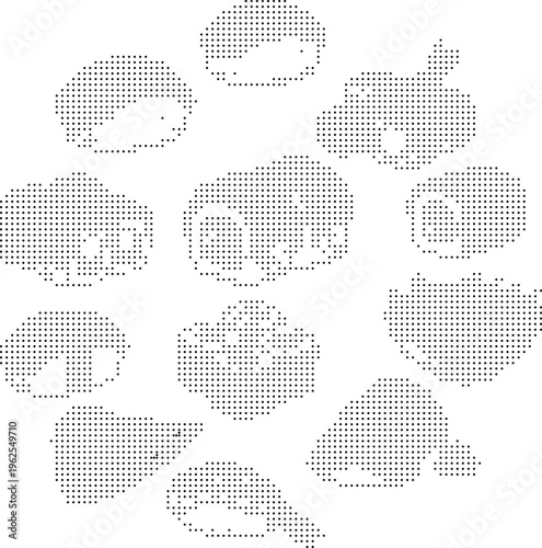 Geometric shapes pixelated bitmap dither halftone pattern dots vector isolated on white