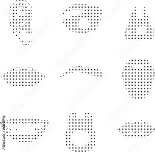 Human face parts pixelated bitmap dither halftone vector isolated white