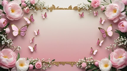 Elegant Pink Floral Invitation Background with Glitter Butterflies