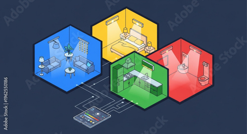 Isometric View of Connected Smart Home Rooms with Central Hub.