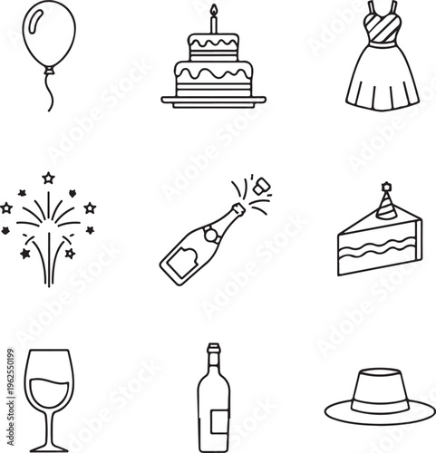 Set of 9 Party Outline Icons for Celebration Birthday and Event Design Featuring Cake Balloon Champagne Fireworks and Magic Hat Vector Illustration