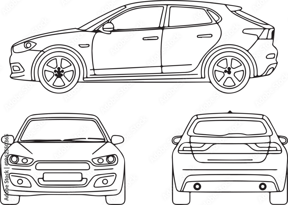 Obraz premium Contemporary Compact SUV Vehicle Line Art for Automotive Design and Engineering Views