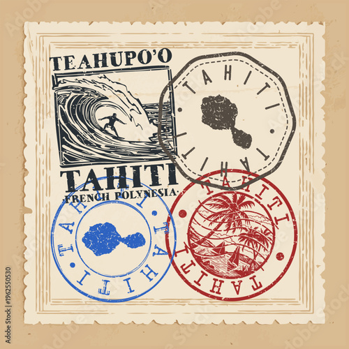 Vintage Teahupo'o Passport Stamps and Retro Surf Postage Design Collection