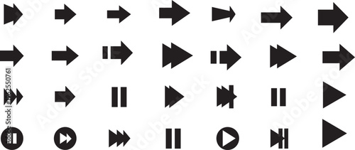 Collection of black arrows and media control icons on white background