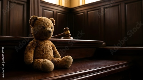 Child’s Teddy Bear on Courtroom Bench with Blurred Gavel, Custody and Advocacy Concept